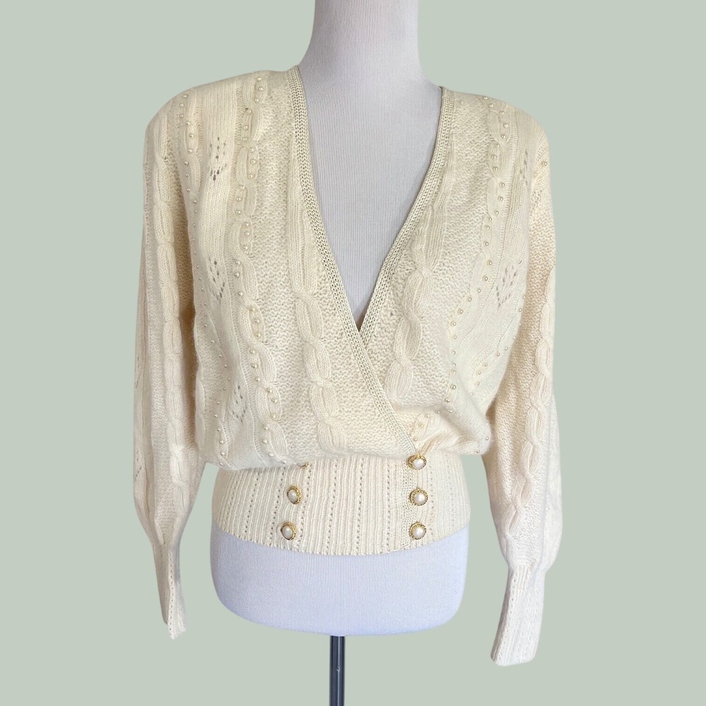 VTG Coquette Cardigan Sweater Size M Lambswool Angora Pearl Bridal Cottagecore